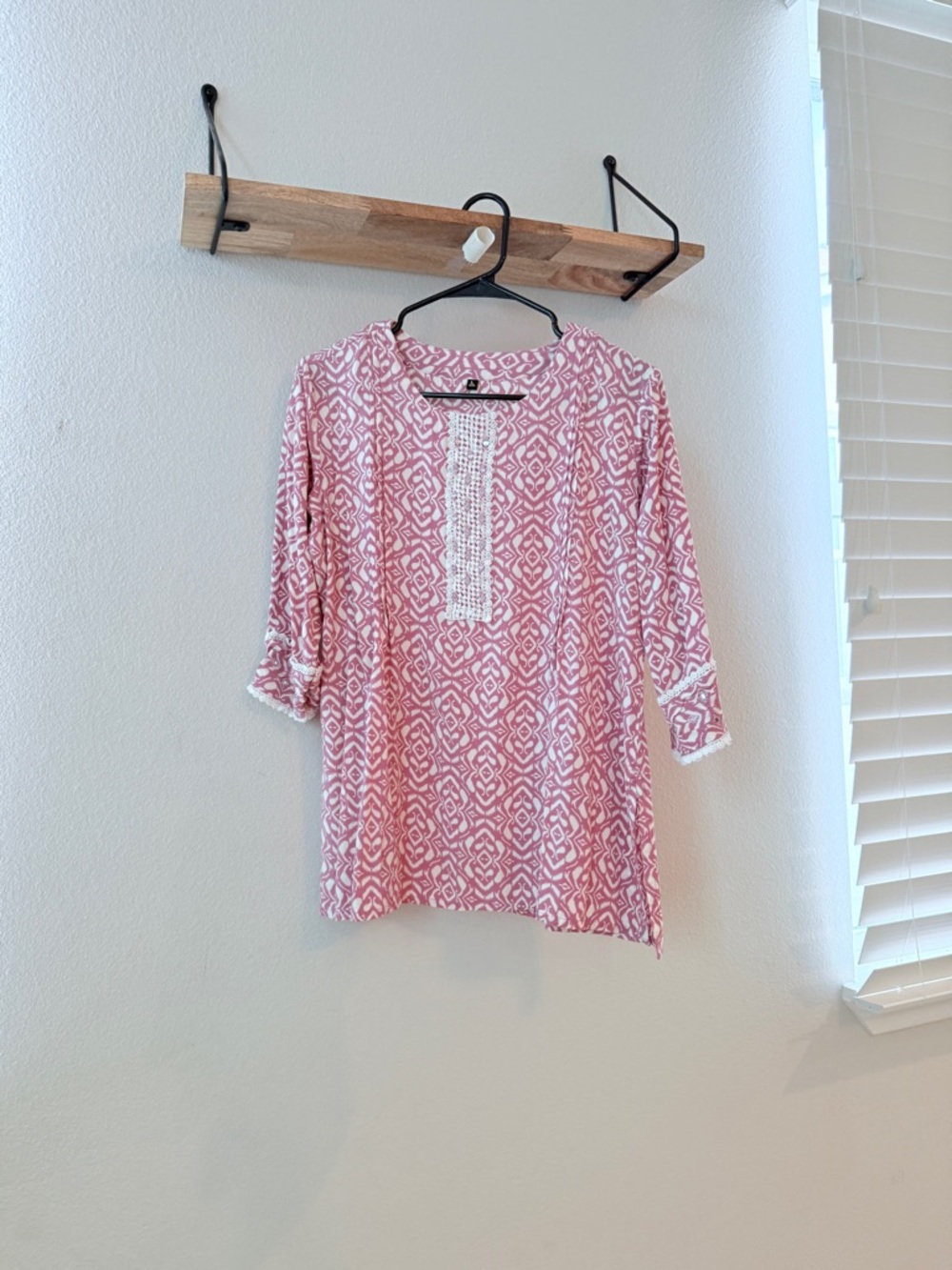 Women's Pink Long Sleeve Printed Tunic Dress with Lace Detail